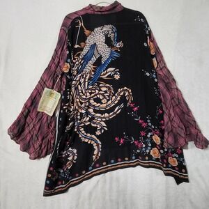 Aratta Shirt Womens Large Pink Plaid Bird Floral Boho Tunic Bell Sleeve Top